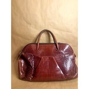 Furla Italy Croc Leather Tote Doctors Bag Brown dual Handles Oversized Classic